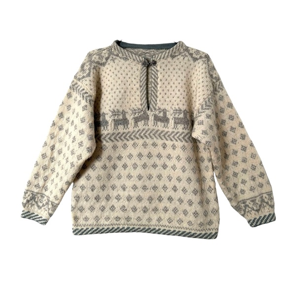 Vintage Sweaters - Vintage Norwegian Style Heavy Wool Knit Pullover Sweater Aprés-Ski Cream Grey M